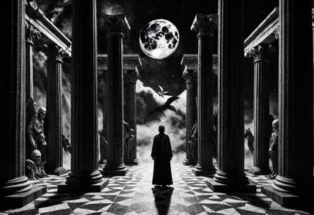 Raw cinematic Escher Edgar Poe style horror terrible mystery gothic dark blackmetal style xerox black and white  Photorealistic surrealistic hyperdetailed  mystical place  black columns both sides, stone grotesque ugle amorphous androgynous figures, moonshine, noir, grotesque, extreme perspective distortion, ultrasharp and contrast, award winning photo, cinematic composition, high quality, sharp and details
