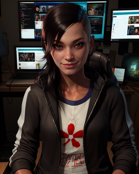 Rinko,brown eyes,hair to side,shaved head,hairclip,
black jacket,black pants,white undershirt with red logo,
upper body,facing viewer,smile,
computer desk,cyberpunk,sitting,
(insanely detailed, beautiful detailed face, masterpiece, best quality),solo,<lora:Rinko-10TGWv8:0.6>,