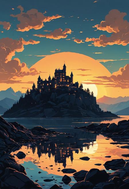 A glowing medieval-style castle sits atop a rocky island hill, bathed in golden light from a massive setting sun. The surrounding lake reflects the castle’s warm glow, creating a mirror-like surface broken only by gentle ripples. Distant mountains fade into cool twilight blues. The scene is rendered in a high-contrast, soft-painted graphic-novel style with crisp vector lines, heavy ink shadows, and a limited palette. Inspired by RHADS and Alena Aenami, with a dreamlike mood and minimalist composition using negative space and subtle canvas texture.