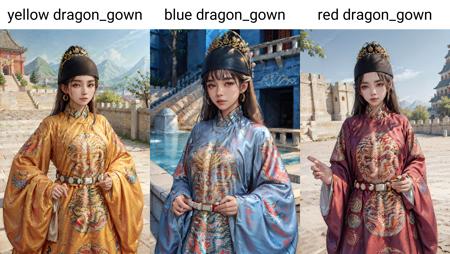 breasts outline, breast shape covered by clothing, big beautiful breasts, 1girl, hat, long hair, yellow dragon_gown,Ancient Chinese fortresses background, city walls, masterpiece, best quality, photorealistic,  <lora:dragon_gown_v1:0.9>