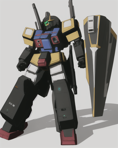 arm shield, arms at sides, assault visor, clenched hands, mecha, mobile suit, no humans, radio antenna, robot, science fiction, shadow, simple background, solo, standing, thrusters, white background  <lora:gundam-epoch-000005:1>