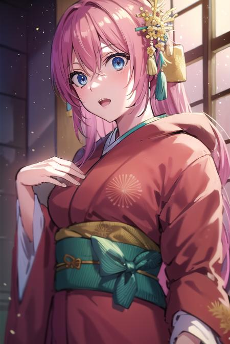 kayo sudou, blue eyes, pink hair, long hair, flower, green sash, hair ornament, japanese clothes, kimono, obi, red kimono, sash,