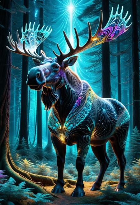massive moose, covered in glowing fractal patterns, fur made of geometric crystal shapes, bioluminescent vines wrapped around its body, ancient forest background, mystical aura, powerful and majestic stance, surreal creature design, cinematic lighting, ultra-detailed fur texture, fantasy creature concept art, glowing eyes, 8k resolution, epic atmosphere, god-like presence, fractangles