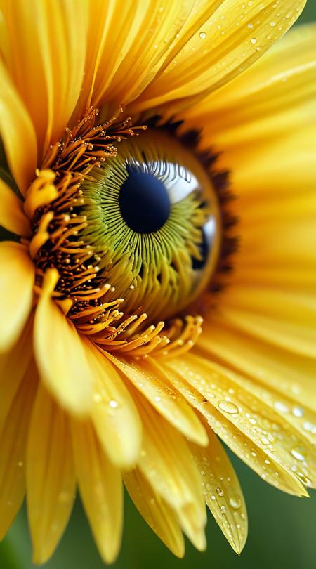 extreme close-up of a radiant flora-fauna hybrid, petals and fur seamlessly blended and glowing warmly, dewdrop eyes twinkling.