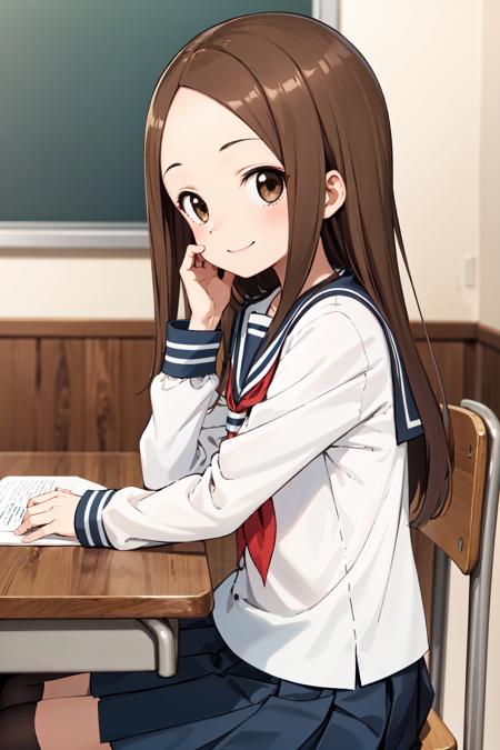 masterpiece, best quality, highres, 1girl, aatakagi, long hair, sailor collar, red neckerchief, sailor shirt, white shirt, long sleeves, pleated skirt, blue skirt, <lora:takagi-san_v1:0.7>, sitting, chair, classroom, from side, smile, hand on own face,