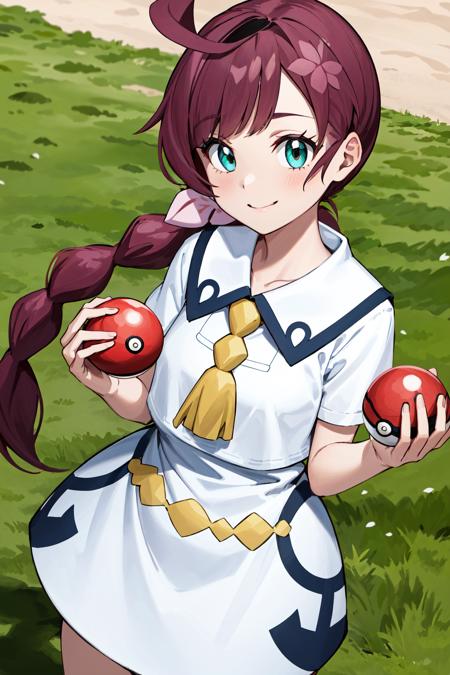 masterpiece, best quality, highres, chl1, 1girl, braided_ponytail, (ahoge:1.1), dress, school uniform, white dress, collared dress, collarbone, eyelashes, short sleeves, neck tassel,  <lora:chloe_(pokemon)_v5:0.6>, (holidng pokeball), poke ball, smirk,