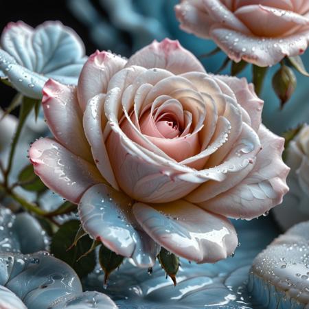 Liquid Marble, pale pink rose with pale blue highlights, detailed, dew, bokeh, depth of field, close-up, bee, ultrarealistic