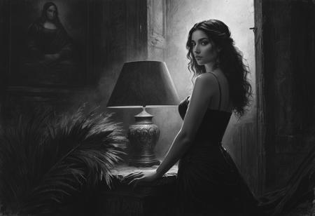 (masterpiece), (best quality), (ultra-detailed), Charcoal Drawing, Crayons, Black Pencil Drawing, Pencil Drawing, Black and White Drawing, Graphite Drawing, Masterpiece, ((Masterpiece, Best Quality, High Quality, High Resolution, Ultra Detail)), (Best Quality, 8K, High Resolution, Exceptional Detail, outstanding composition: 1.4), art by Jeremy Mann, dramatic lighting, hard-painting aesthetic: 0.1), subdued digital painting of the Mona Lisa sitting in her castle and holding the audience. The room is dusty, rays of light cut through the darkness, creating a gloomy atmosphere. Mona Lisa watches the siege of the city from the window of her castle, her expression both powerful and contemplative. The room is detailed, has intricate Roman architecture and subtle hints of luxury and decadence. Capture the intrigue and drama of Ancient Rome in this exciting and detailed work of art, illustration, disheveled hair, detailed eyes, perfect composition, moist skin, intricate details, earrings, by wlop