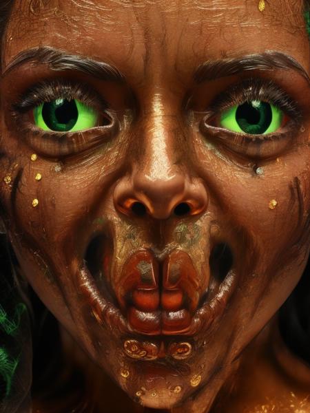extreme (closeup:2.0) RAW photography, Pure golden eye beautiful Face of mythical (half angel:0.1) (half devil:1.0) lady (upclose:2.0) spooky and supernatural green patches on face with awesome (halloweentechto glasses) <lora:halloweenTech:1.2>, (scream:1.0), (trick:1.0), (ugly:1.0), (abomination:1.0), (horror:1.0), (teeth:1.0), (smile:0.0), (treat:0.0), (cleavage:0.2)