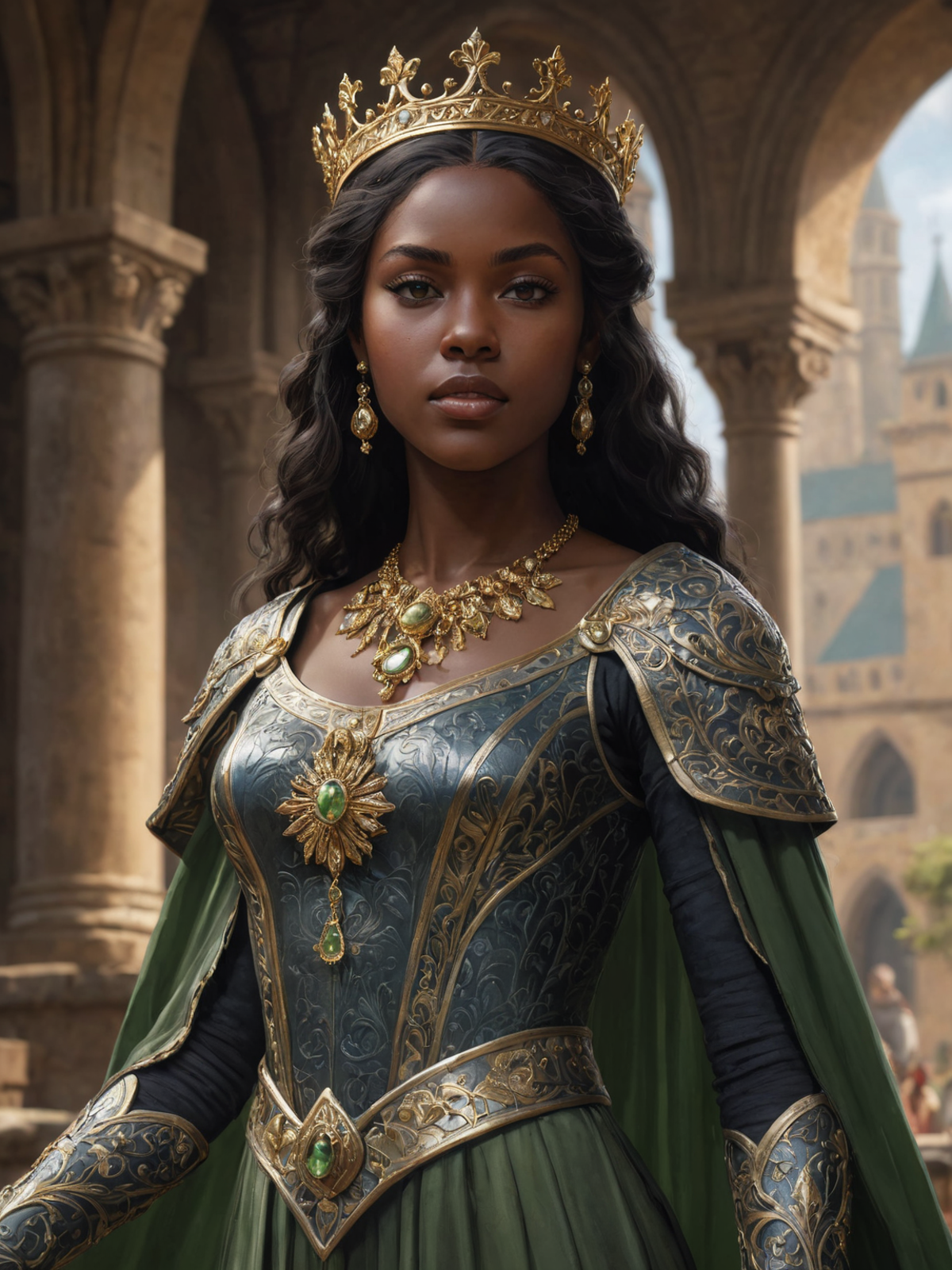 A dark-skinned woman wearing a crown and a gold dress.