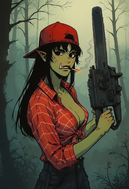 score_9, score_8_up, score_7_up, 8k, portrait, upper body, concept art twilight, vintage illustration,
1girl, solo, orc, green skin,pointy ears, tusks, black hair, 
dynamic pose, , redneck,red plaid shirt, tied shirt, big tits, red baseball hat, in a forest, beautifully backlit, , indirect lighting, high contrast shadows, dramatic shadows across face, cinematic lighting on face, , cigarette, smoke, (holding chainsaw)