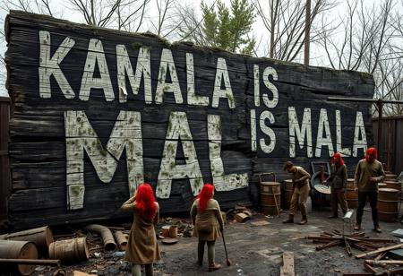 Create an image of a huge, rotting wooden sign that reads “KAMALA IS MALA” in roughly painted, weathered letters. The sign is splintered and decaying, with mold and moss creeping over the cracks, giving a sinister, neglected appearance. The background is set in a grimy, cluttered backyard, with a desolate, makeshift look typical of an illegal meth lab scene. Red-haired figures in worn, dirty clothes are working near rusted equipment and jury-rigged setups, with scattered debris, barrels, and broken-down machinery adding to the chaotic atmosphere. The lighting is dim and gritty, casting shadows over the disarray.