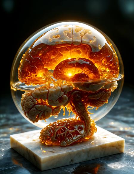improved cinematic photo, 35mm photograph, film, professional, 4k, highly detailed, An amber fragment enclosing a Human Brain, The amber fragment is a smooth, slightly irregular sphere, roughly the size of a marble, with a warm golden-brown hue. Its surface is polished, gleaming softly under light, revealing a mesmerizing play of golden, honey, and orange tones. Tiny air bubbles and organic inclusions are scattered throughout, lending it a sense of antiquity and natural complexity. Inside, a perfectly preserved Human Brain lies suspended in time, its delicate body encased in the translucent amber. Around the Human Brain, subtle striations and minute organic fragments, possibly plant material or dust, create a vignette that frames the insect. The amberâs clarity varies in places, with some sections slightly cloudy, further accentuating the Human Brain as the focal point. The fragment feels timeless, a tiny time capsule offering a glimpse into a prehistoric world millions of years ago <lora:add-detail-xl:1.0><lora:aidmaMidjourneyV6.1-v0.1:0.9><lora:SDXLFaeTastic2400:0.8>