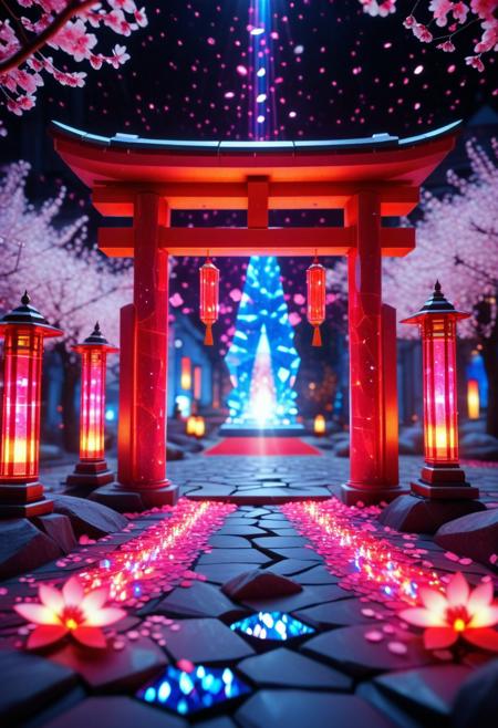 8k analog photo, unmanned, a red torii gate made of glowing holograms lowpoly, refracting light, lowpoly holographic shards, vibrant hues, surrounded by stone lanterns and sakura petals, digital scanlines, glowing particles, night city scape blurry background,