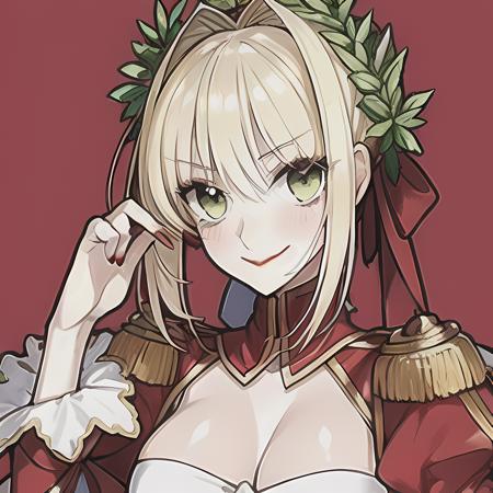 Nero Claudius, 1girl, solo, looking at viewer, blush, smile, long sleeves, dress, cleavage, hair between eyes, closed mouth, braid, chibi, nail polish, v, hair intakes, red dress, single hair bun, red nails, red background, french braid, epaulettes, double v, head wreath, fashi-g, mature female, red lips,  <lyco:fashionGirl_v53:0.7>,  <lora:Nero_Claudius-24:0.8>