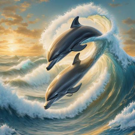 dolphin on the crest of a foamy wave, 
ultra-realistic digital painting, 
golden ratio. All details are clearly drawn, 
wave, 
dolphin, 
eyes, 
foam