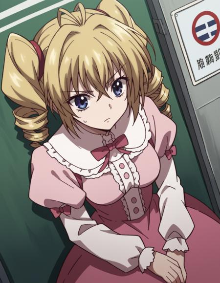 ravel phenex, blue eyes, blonde hair, twintails, drill hair, antenna hair, medium breasts dress, bow, pink dress, puffy sleeves, long sleeves, frills,