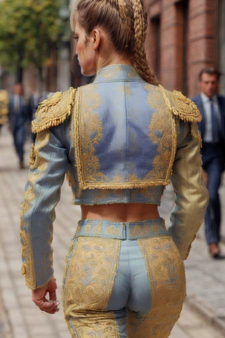 tr4j3,from front, detailed face, large bust, b3linda_n0texist woman wearing blue  and gold traje de luces jacket, pants, bullfighting outfit,  walking down the street, small waist <lora:tr4j3_v2-000004:1> <lora:add_detail:1>