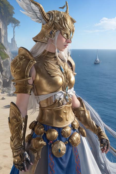 (masterpiece, best quality), outdoors, cliffside, ocean, from side, profile, cowboy shot, 1girl, solo, HaloneFF14, <lora:HaloneFF14_V1-Manityro-dadapt:1>, winged helmet, helmet over eyes, gold armor, shoulder armor, breastplate, armored dress, gauntlets, belt,