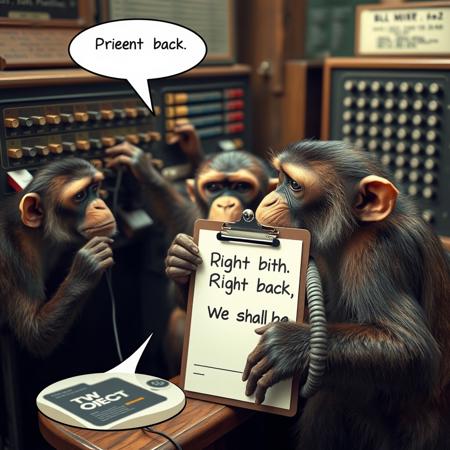 A bunch of monkeys are trying to plug wires into a vintage phone operator switchboard, and one monkey is holding a clipboard with a speech bubble text: "Right back, We shall be.", realistic, 8k, cinematic