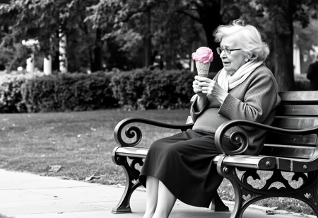 Selective Colouring photo of an old lady eating an icecream cone sitting on a park bench, bright pink icecream, monochrome