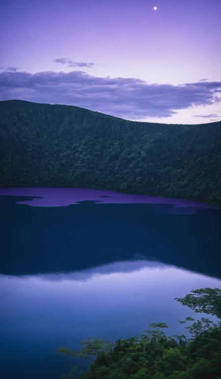 Calm purple evening light, of blue hour, deep blue Lake Mashu in a crater, Akan Mashu National Park, Hokkaido, Japan, Asia, copy space, design template, breathtaking photograph, dramatic light, award-winning, professional, highly detailed . 35mm photograph, film, bokeh, professional, 4k ,minimalistic, daylight, warm atmosphere, <lora:add-detail-xl:1>, cinematic look, <lora:SDXLHighDetail:0.3>