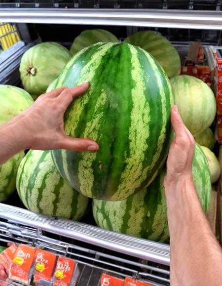 <lora:sdxl_headpat_v1-000075:1.0> petting [melon|watermelon], a crate of whole [melons|watermelons] in the produce section of the grocery store, very detailed, pov, cinematic realism