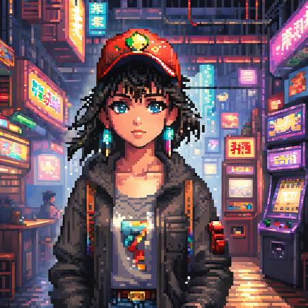 pixel art,
((masterpiece)),(((best quality))),((illustration)),(depth of field:1.2),
solo,dynamic angle,(1 girl:1.3),bangs,headphones,blue eyes,black hair,(disheveled hair),Baseball cap,(jacket|hoodie),jeans,thigh strap,hands in pocket,cowboy shot,
Moody Lighting,(arcade games:1.1),(Game Center:1.5),(Game Hall:1.1),(backlight:1.3),intricate detail,cyberpunk,slot machine,claw crane game machine,(crowd:1.1),
(Pixel particles exploding:1.2),