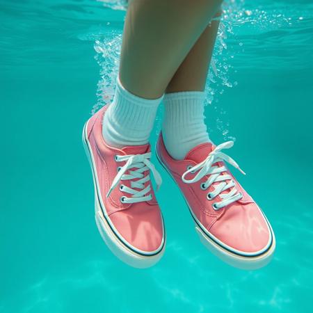 professional photo, (high detail),
BREAK
woman in a swimming pool wearing sneakers and white socks, sneakers underwater water, sneakers floating, sneakers sinking, wet sneakers
 (((pink-canvas-Vans-Authentic-sneakers))),
BREAK
(realistic:1.8), (((visible sneakers, detailed sneakers)))