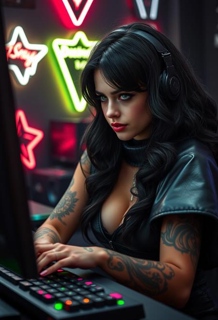 (ultra realistic,32k, ultra sharp,masterpiece:1.2),(high detailed skin:1.1),( high quality:1.1),(ultra high res:1.4), (beautiful lighting:1.4), (dynamic angle:1.6), (big boobs:1.2), infernal, gothic, spiritual, unusual, elegant, elusive, translucent, exquisite, athletic, reptilian, (professional, intricate details, masterpiece, best quality:1.5), (Thick steel collar:1.7), goth girl, face tattoo, tattoos, green eyes, very long black hair, wavy hair, black mascara, black eyeliner, dark red lipgloss, frenetically typing on a keyboard and looking at computer screen, (angry), dark gaming room, leather bolero, neon lights, gaming, shy smile, neon wall decorations