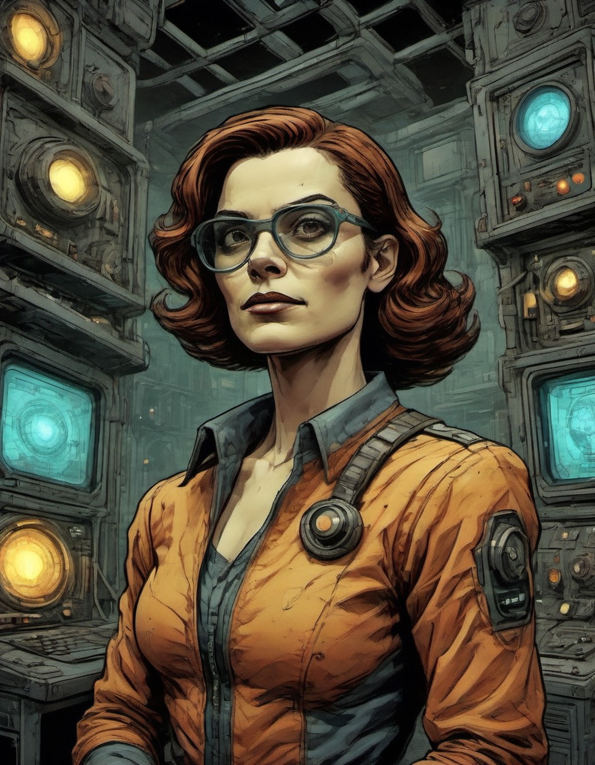 comic book gritty colorized tintype portrait of a sci-fi hero named Commander Bria Ursan in an underground bunker glowing ...