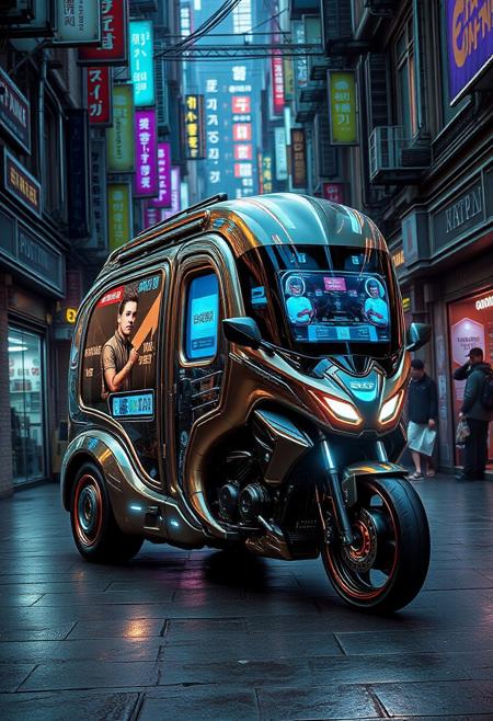 YFG-R1gs, A shape-shifting delivery van, its liquid metal body morphing into a sleek motorcycle, navigates a crowded cyberpunk alleyway. The vanas AI optimizes its form for speed and agility, while its holographic projectors display advertisements on the surrounding walls. The alleyway is a neon-lit maze of shops and kiosks.