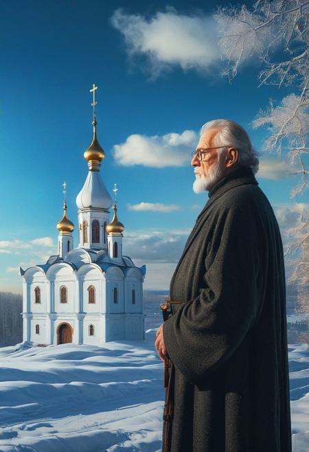 (An old man in monastic clothes) (ingenious opus magnum by Michael Vincent Manalo and Elvira Vigna:1.2), (pastel oil painting:0.1), high key with glistening light, cosmic anddireful and dramatic atmosphere, (zestful quinacridone nickel azo gold and electricblue color swatch:0.1), raw details, crisp details, bokeh lights, <lora:xl_more_art-full_v1:0.6> ,analog photo, full body,, tall height, against the background of the Russian Orthodox Church, blue sky, , epic clouds, (oil on canvas:0.2), , art by Jeremy Mann, god rays, dramatic light,    ,  (art by Eduard Wilhelm Pose and Master of the Holy Blood and Ivan Bilibin:1.1), (oxygen-rich air and sheltered atmosphere, snowy, aesthetic of hard - edge painting:0.1), symmetry and balance, pioneering unparalleled masterwork with superior details, <lora:MJ52:0.90> <lora:xl_more_art-full_v1:0.4> <lora:RMSDXL_Creative:1>,(skin texture),masterpiece, top quality, best quality, official art,highest detailed,,atmospheric lighting, cinematic composition,complex multiple subjects, 4k HDRvaporwave style , , cyberpunk, vibrant, neon colors, , highly detailed,,,Leica Q2 with Summilux 35mm f/1.2 ASPH, ,clear face, Ultra High Resolution, wallpaper, 8K,Rich texture details, hyper detailed, detailed eyes, detailed background, dramatic angle,