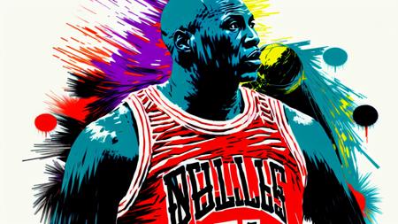 mdjrny-pntrt illustration style, Michael Jordan, contrasting colour palette