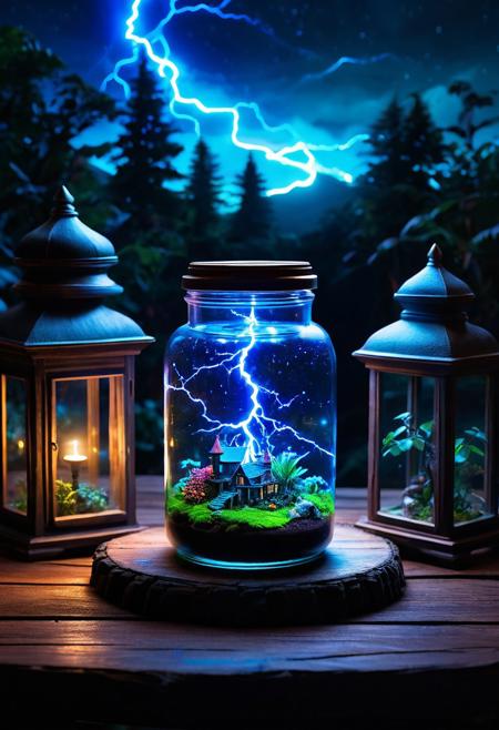 Dark fantasy concept art. Elaborate glass jar sitting on top of an old wooden table, magical realism, with neon-blue lightning bolts, on a mini world fantasy village, realistic pictures, double-exposure, graphic of enchanted terrarium, amazing color photograph, storm at night, cute detailed digital art, 8k stunning artwork, scenic full shot, perfect photo.