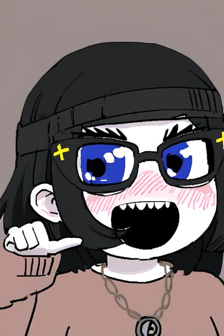 <lora:SoytanV1:0.7> soytan, black hair, necklace, medium length hair, head bend, glasses, pale skin, blue eyes, anime stlye, masterpiece , 1girl, adult , upper body, shy, blushing, (mouth closed