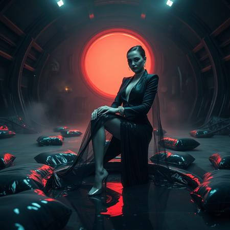Classy rich slender  lady in elegant black business suit and silver high heels, massive steel collar and handcuffs, diamond earrings, kneeling in glossy black  slime, knee bent, fully covered by thin slime film veil, restrained  and holded by tentacles from the hole, in beam of dim red light, dark alien hangar, hole in the floor filled with transparent jelly, surrounded by weird glossy  black foil pillows, fog from the floor, ancient dimension portal at background, horror