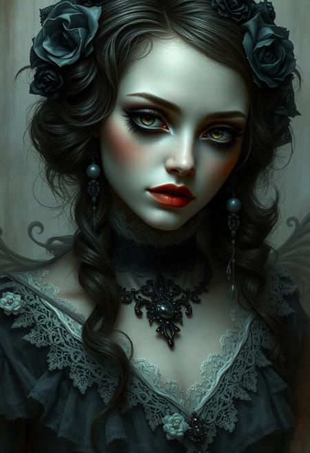 Dark secret, hauntingly elegant Rococo portrait, supernatural gothic beauty, soft painterly realism, eerie fantasy elements, muted cool color palette, intricate lace and silk textures, melancholic and mysterious expression, dreamlike supernatural atmosphere