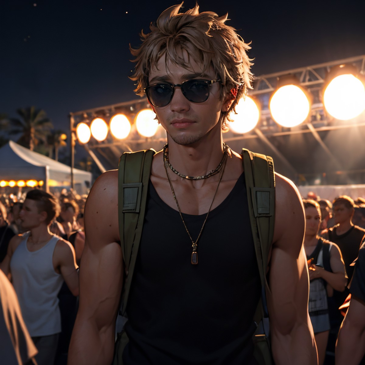 outdoors,nighttime,best quality,masterpiece,highres,realistic,(depth of field|concert),coachella,1male (dg_ChadMM),tank to...