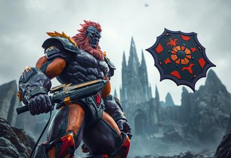 The image features a Power Giant standing proudly against a stark Crystal Fortress, exuding a vibrant mix of purple and orange with black accents. The giant's confident stance, with a firm grip on a Dragon's Gunfire and a Ultimate Shield on the other hand, suggests readiness for action. The lifelike details, sharp lines, and stunning colors, all handcrafted with precision, bring out the Power Giant's intricate features and vivid emotions. The dynamic action pose, captivating lighting, and well-timed moment add to the cinematic and harmonious composition of the 4K image.