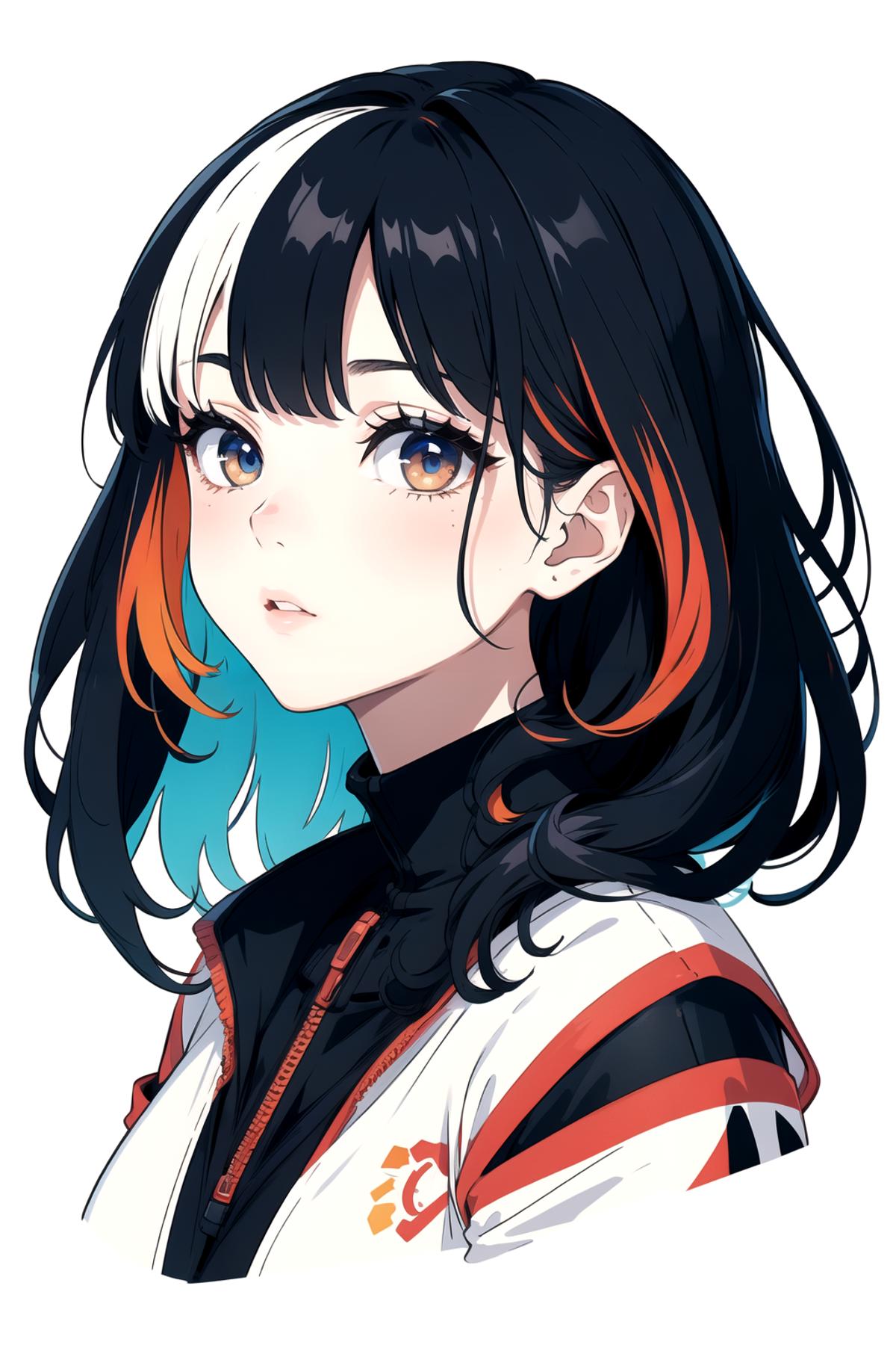 Anime character with black hair and white streak on forehead.