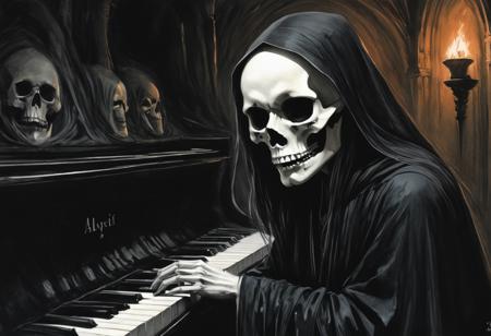 dark and unsettling dream showing Charcoal and chalk drawings. Thumbnail image on YouTube, text "Melancholy Piano". Exquisitely detailed, dark fantasy illustration depicts Death playing the piano in a dimly lit underworld. The hollow eye sockets of the skeletal figure stare at the viewer, drawing them in with eerie intensity. The intricate patterns on his robe contrast with shiny ivory keys, dark fantasy, typography, illustration, poster, concept art, cinematic. best quality, high resolution. created by genius but depressed mad artist. grim beauty, painting workshop in the style of Anders Zorn, Alexi Briclot, Luis Royo
