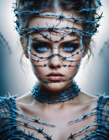 a beautiful lady in a dress made of <lora:ral-barbwire-sdxl:1> ral-barbwire, anxious face, blue eyes, dark makeup, hyperdetailed photography, soft light, upper body portrait,