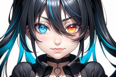 focus face, solo, 1girl, hair over face, hair covering face, dark blue hair, (heterochromia:1.25),rainbow eyes,(glowing eyes:1.3),cute face, smirk, neck, choker, collarbone, cleavage, white collar, coat collar, white coat collar 