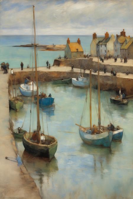 <lora:William McTaggart Style:1>William McTaggart Style - 200210 Crail Harbour, Fife by Edgar Degas. A bustling seaside port with sailing boats and fishermen at work. Soft brush strokes in shades of blue, green, and earthy tones. Serene and picturesque atmosphere.