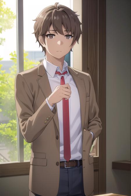 sakutaazusagawa, <lora:sakuta azusagawa s1-lora-nochekaiser:1>, 
sakuta azusagawa, short hair, brown hair, (brown eyes:1.5), male focus,
BREAK shirt, long sleeves, school uniform, jacket, white shirt, open clothes, necktie, belt, pants, blazer, red necktie, brown jacket,
BREAK indoors, classroom,
BREAK looking at viewer, (cowboy shot:1.5),
BREAK <lyco:GoodHands-beta2:1>, (masterpiece:1.2), best quality, high resolution, unity 8k wallpaper, (illustration:0.8), (beautiful detailed eyes:1.6), extremely detailed face, perfect lighting, extremely detailed CG, (perfect hands, perfect anatomy),