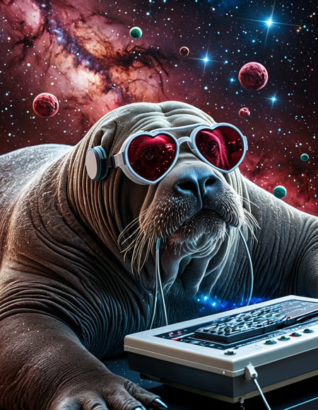 Ultra-realistic 8K photograph of a quantum physicist walrus wearing burgundy red laboratory goggles, performing 
surgery on a wounded constellation while floating in zero gravity inside a burgundy red nebula, using olive green
 surgical tools made of crystallized time, the patient is a living star cluster bleeding grayish blue stardust, 
floating medical equipment made of liquid mercury orbiting around them, the walrus has equations written in glowing 
burgundy red ink across its fur, cosmic operating room with floating olive green medical monitors displaying heartbeats 
of distant galaxies, grayish blue cosmic wind carrying floating medical supplies, dramatic space lighting, photorealistic
 fur with individual hair strands visible, hyper-detailed tusks reflecting nebula colors, professional astrophotography
 style, sharp focus, high contrast, burgundy red and olive green and grayish blue color palette, surreal medical 
sci-fi realism, award-winning space photography, volumetric cosmic lighting, ultra-detailed, masterpiece quality, Smooth Quality, <lora:FF.101.juggernautXL_version6Rundiffusion.LORA:0.7>, <lora:clear:1>