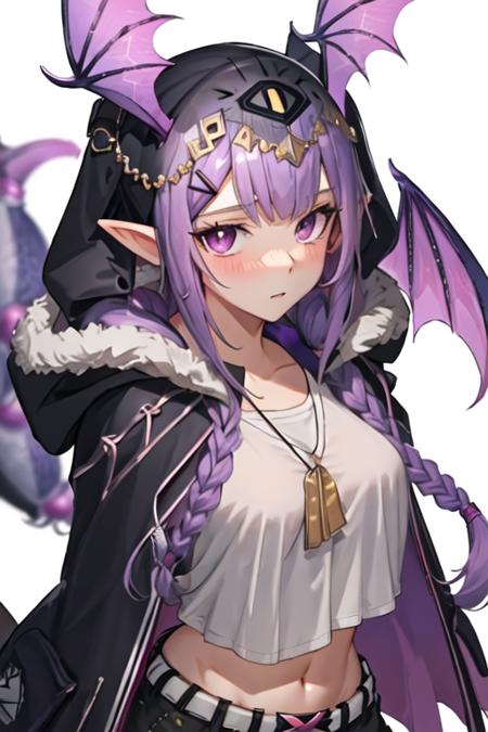 best quality, masterpiece, highres, solo, {manticore_arknights:1.15}, long_hair, purple_hair, head_wings, pointy_ears, bangs, hair_ornament, purple_eyes, twintails, breasts, hairclip, tail, 1girl, black_jacket, fur_trim, jacket, looking_at_viewer, fur-trimmed_jacket, simple_background, white_background, hood, shirt, upper_body, blush, hood_down, white_shirt