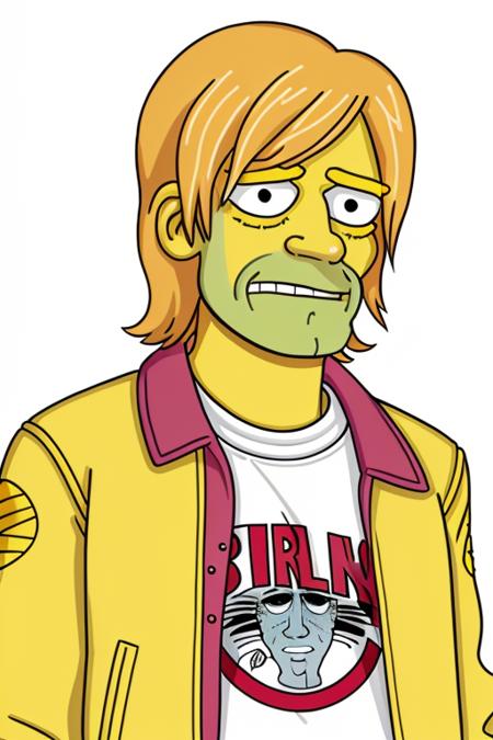 asim style, Kurt Cobain wearing a jacket, closeup, animated, cartoon, (yellow skin:0.5) <lora:simpsonslora:1>