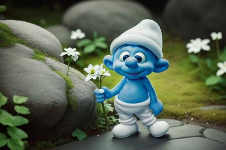 a photo of a tiny smurf (Smurfling:1.0) with a white hat and white pants and white shoes on and a blue face and arms, in a fantasy forest at night, sitting on a cobble stone wall, holding some flowers in it's hand